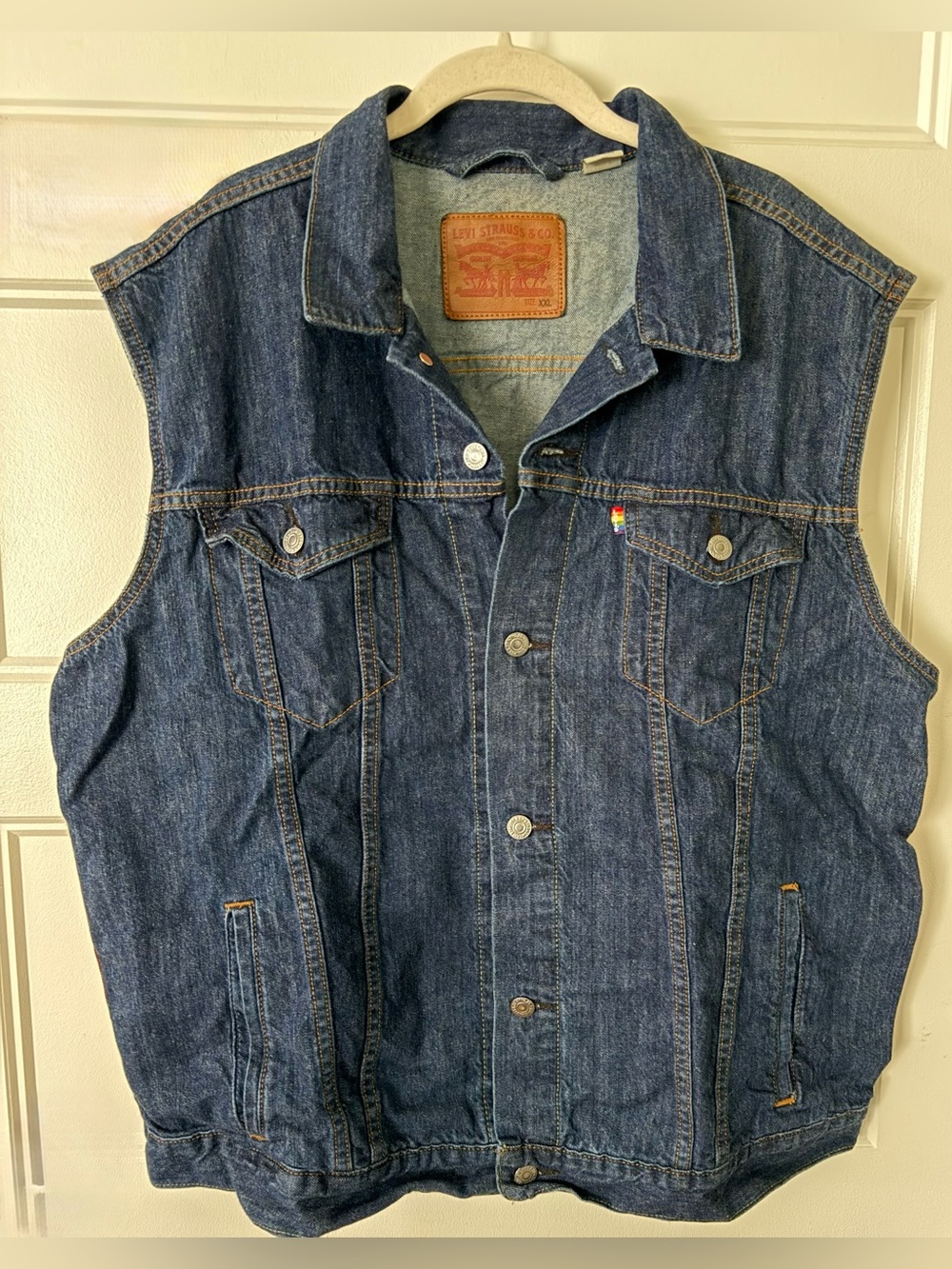 Levi’s Blue Denim Trucker Vest with Rainbow-Striped Side Panels - 2XL